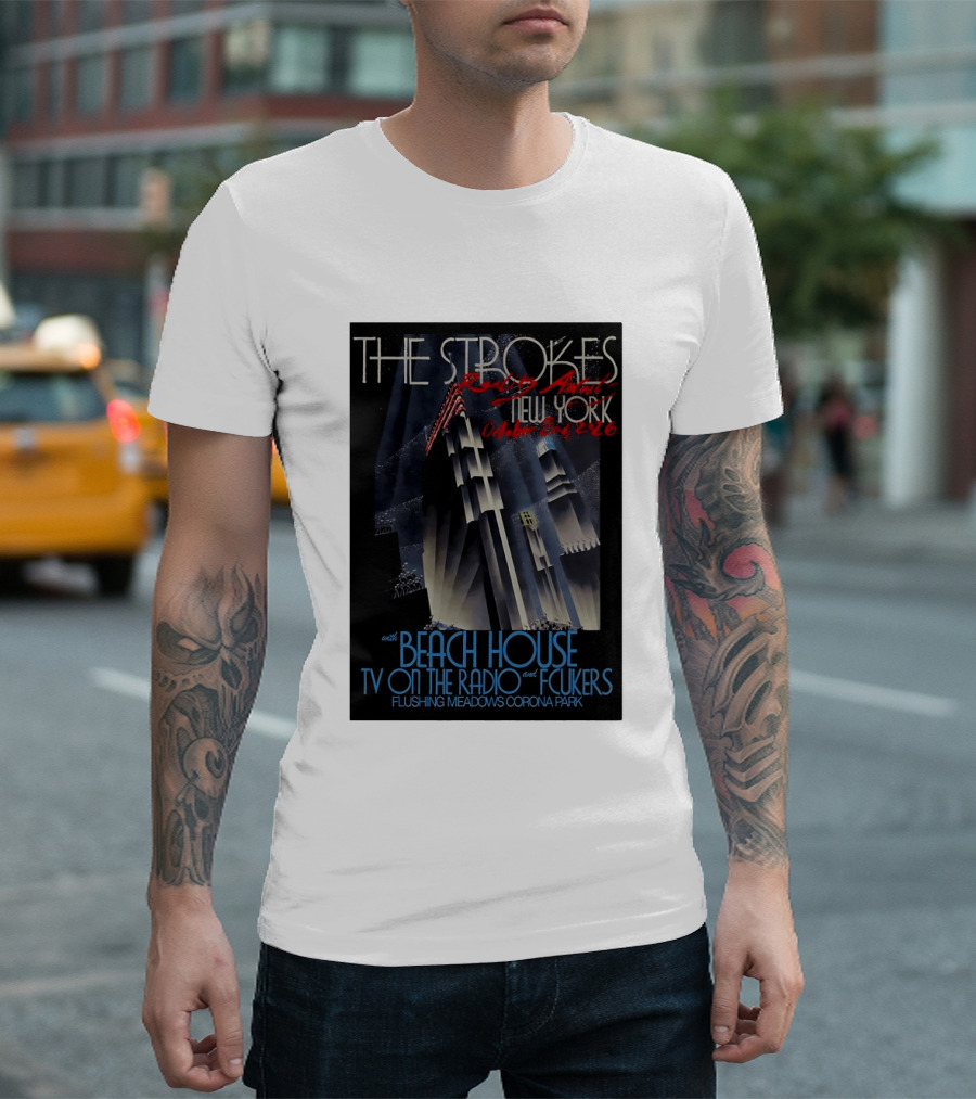 The Strokes New York Concert October 2026 Flushing Meadows Corona Park With Beach House TV On The Radio Fcukers Deco Cityscape T-Shirt