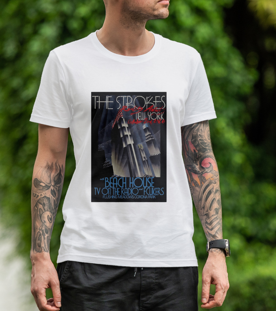 The Strokes New York Concert October 2026 Flushing Meadows Corona Park With Beach House TV On The Radio Fcukers Deco Cityscape T-Shirt