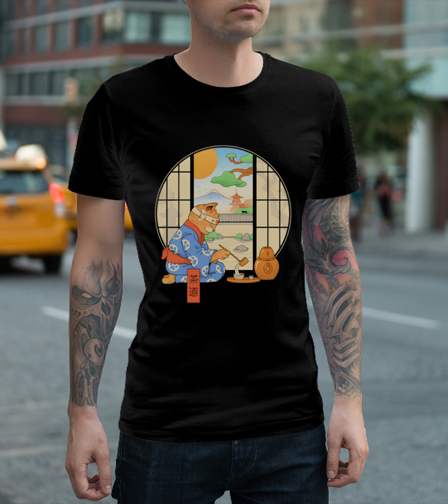 Ukiyo E Style Cat Tea Ceremony With Japanese Landscape T-Shirt