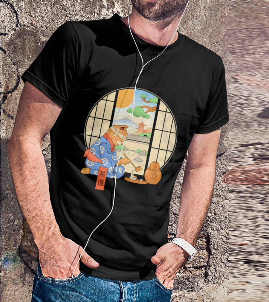 Ukiyo E Style Cat Tea Ceremony With Japanese Landscape T-Shirt