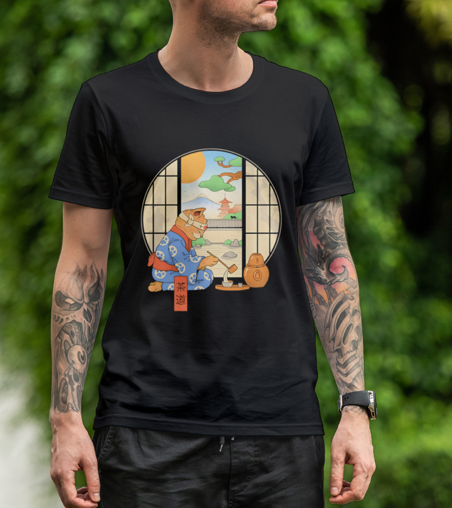 Ukiyo E Style Cat Tea Ceremony With Japanese Landscape T-Shirt