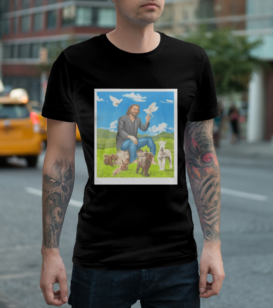 Keanu Reeves Surrounded By Animals In Peaceful Steppe Landscape T-Shirt