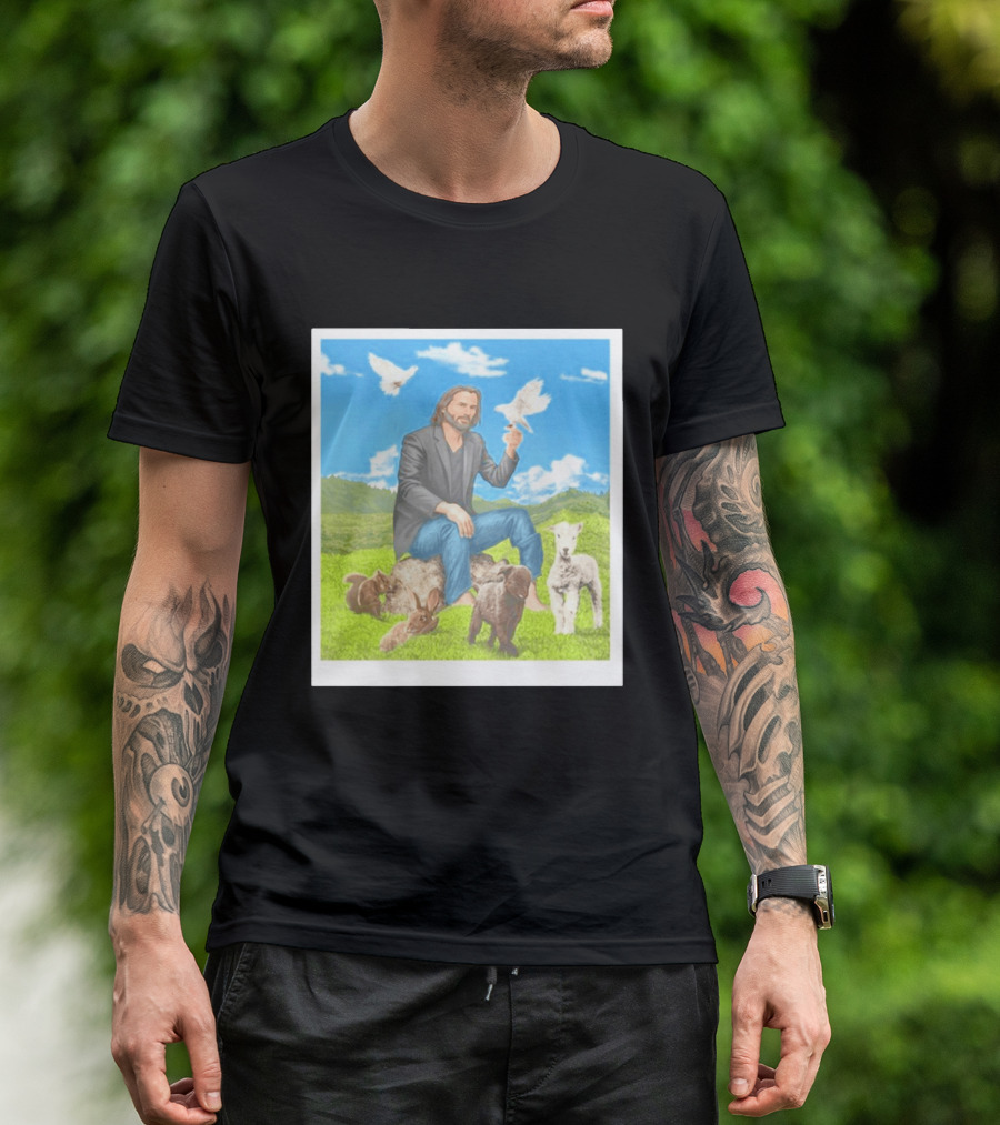 Keanu Reeves Surrounded By Animals In Peaceful Steppe Landscape T-Shirt