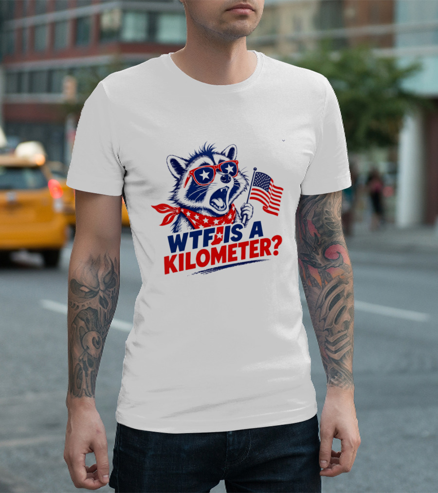 WTF Is A Kilometer Star Spangled Raccoon Holding American Flag 4th Of July T-Shirt