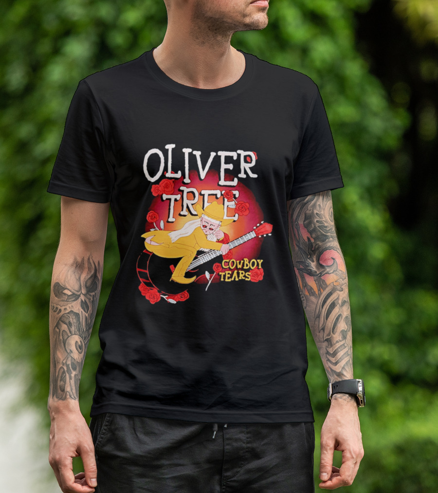 Oliver Tree Cowboy Tears Cartoon Character With Roses And Guitar T-Shirt