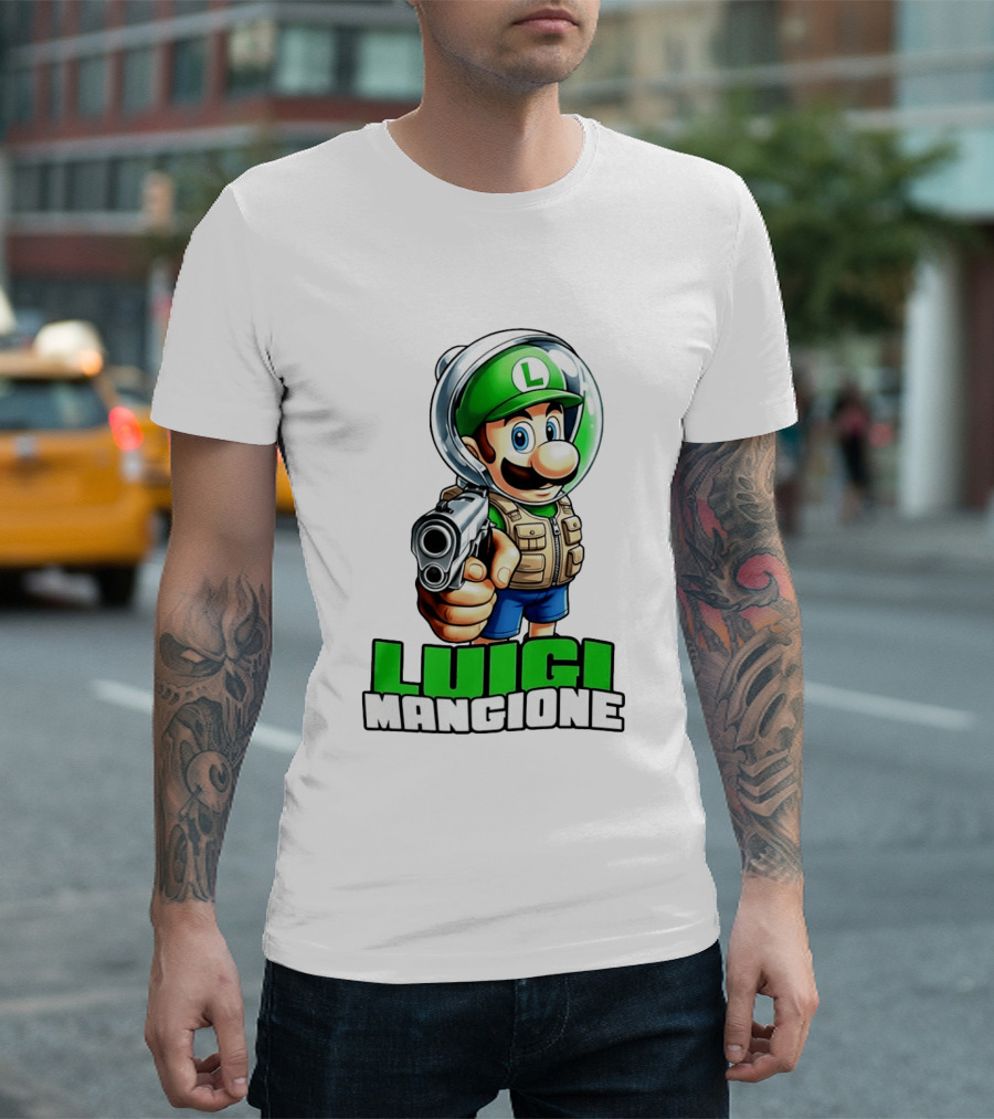 Luigi Mangione Super Mario Green Hat Gun Image T-Shirt