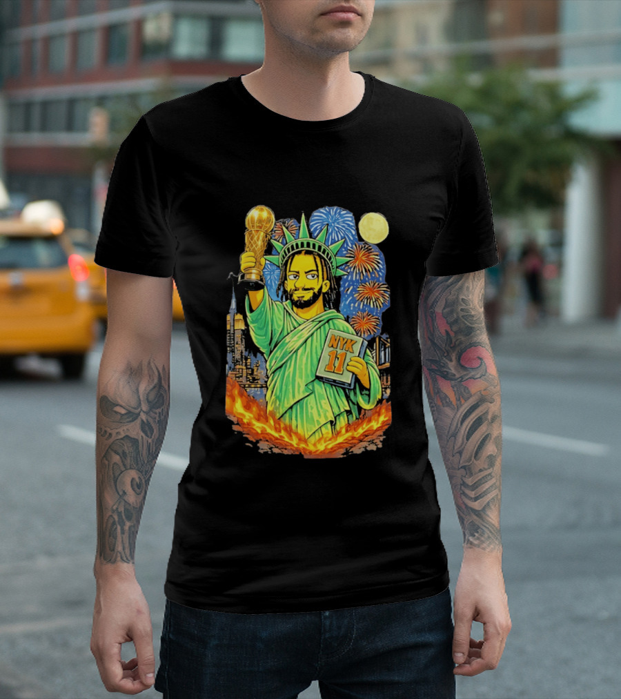 New York Knicks Jalen Brunson As Statue Of Liberty NYK 11 With Trophy And Fireworks T-Shirt