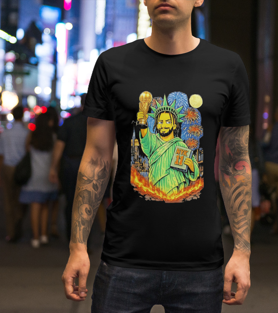 New York Knicks Jalen Brunson As Statue Of Liberty NYK 11 With Trophy And Fireworks T-Shirt