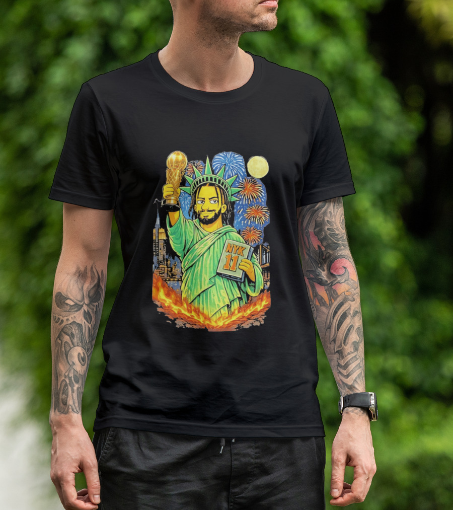 New York Knicks Jalen Brunson As Statue Of Liberty NYK 11 With Trophy And Fireworks T-Shirt
