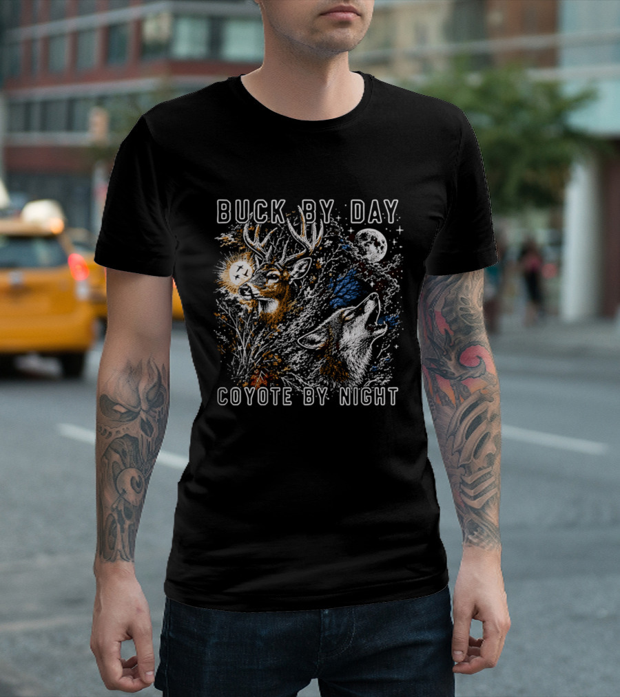 Buck By Day Coyote By Night Deer And Wolf Moon Scene T-Shirt