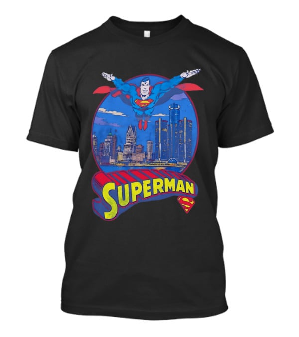 Detroit Superman Jay Towers Motor City Skyline Superman Logo Retro Comic T-Shirt