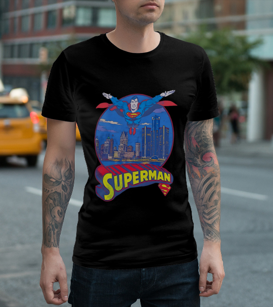 Detroit Superman Jay Towers Motor City Skyline Superman Logo Retro Comic T-Shirt