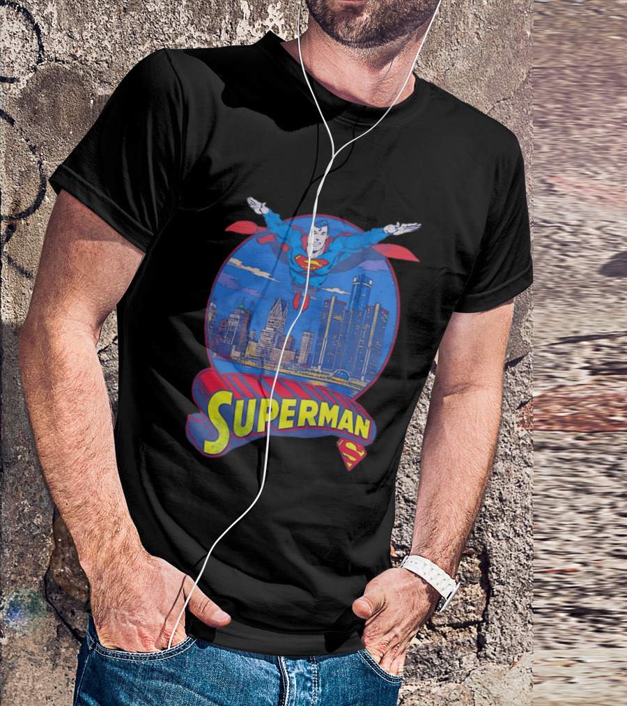 Detroit Superman Jay Towers Motor City Skyline Superman Logo Retro Comic T-Shirt