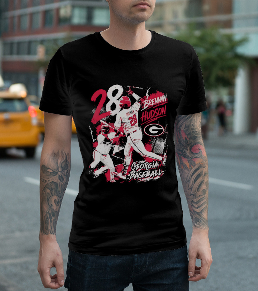 Georgia Baseball Brennan Hudson 28 Player Collage T-Shirt