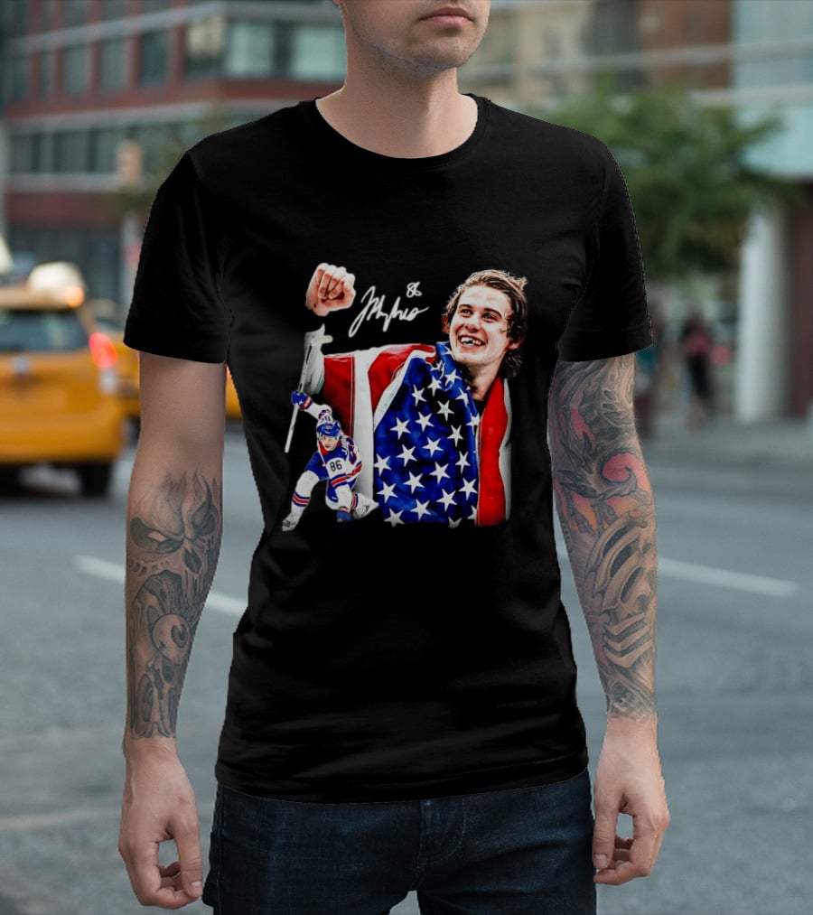 Jack Hughes New Jersey Devils USA Flag 86 Hockey Celebration T-Shirt