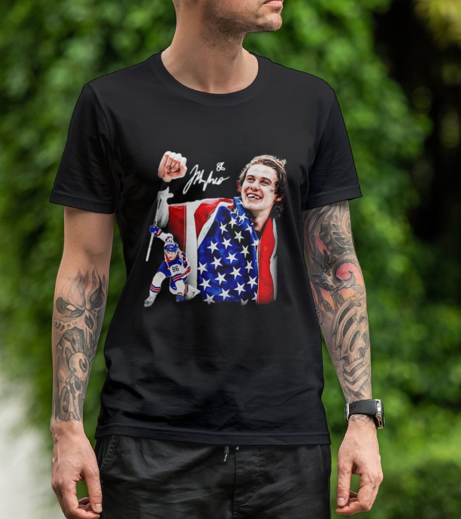 Jack Hughes New Jersey Devils USA Flag 86 Hockey Celebration T-Shirt