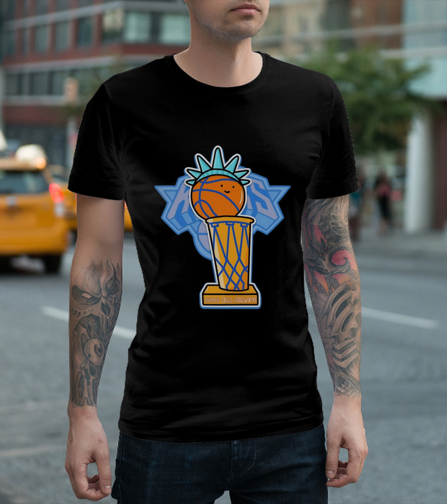 Knicks NBA Champs 2026 Statue Of Liberty Basketball Trophy T-Shirt