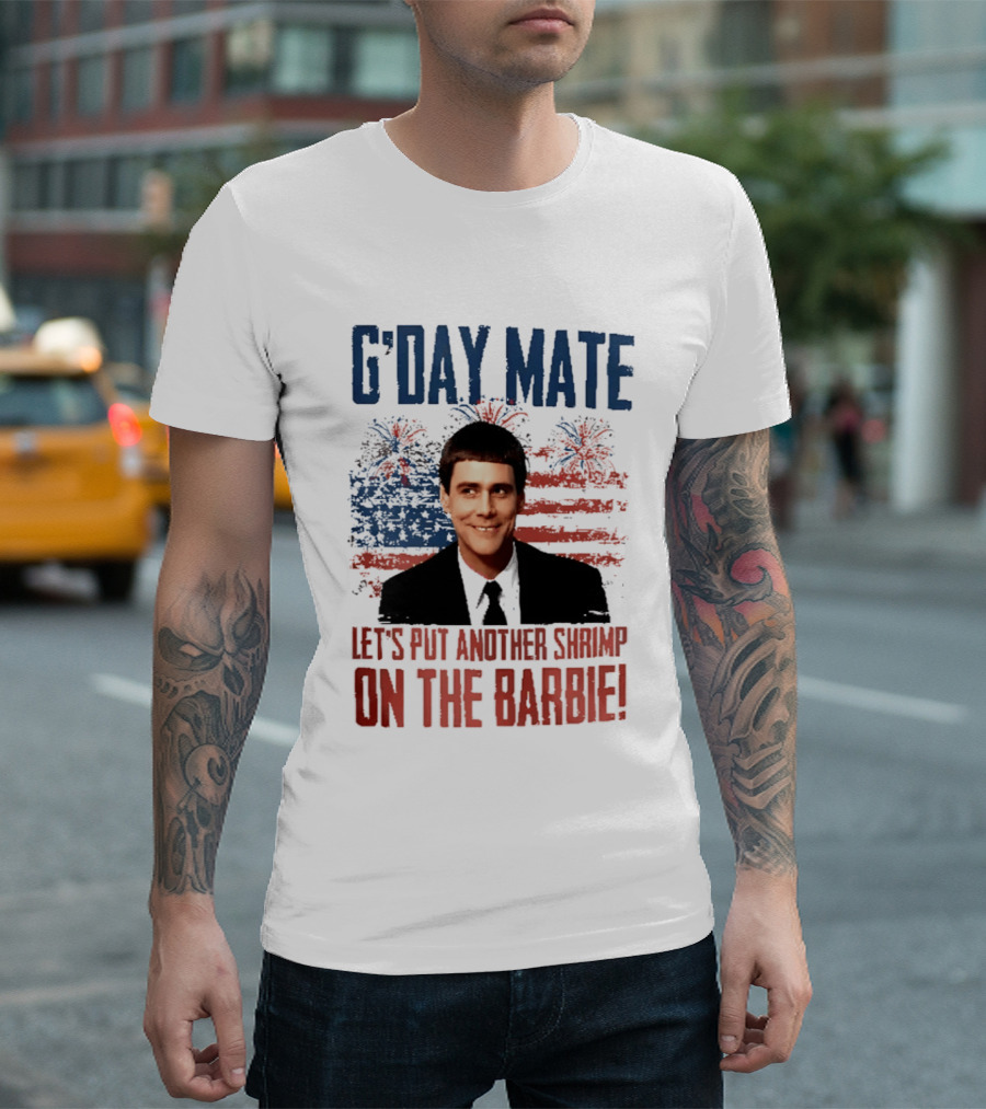 G'Day Mate Let's Put Another Shrimp On The Barbie 4th Of July With Stars And Stripes Fireworks T-Shirt
