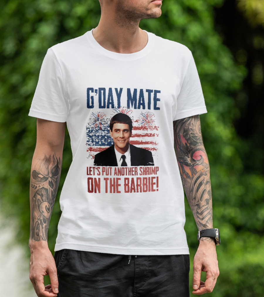 G'Day Mate Let's Put Another Shrimp On The Barbie 4th Of July With Stars And Stripes Fireworks T-Shirt