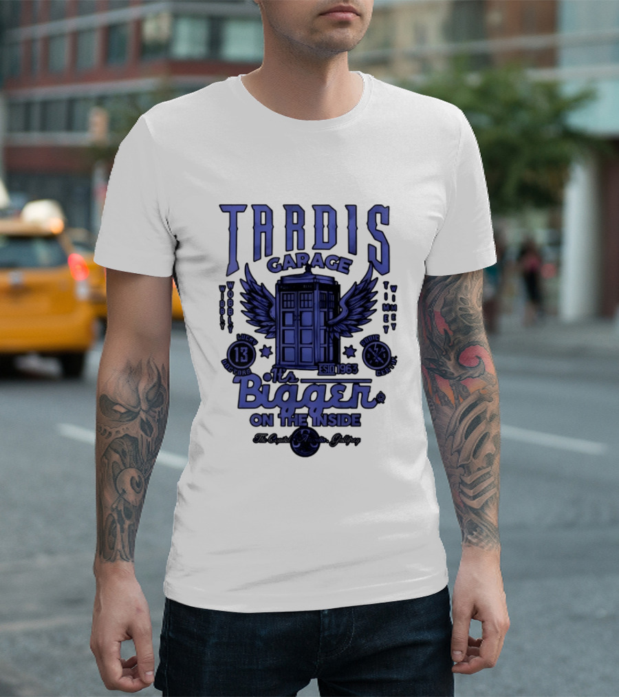 Tardis Garage It's Bigger On The Inside Lucky 13 Doctors Wibbly Wobbly Timely Wimey Sonic Crafted Estd 1963 T-Shirt