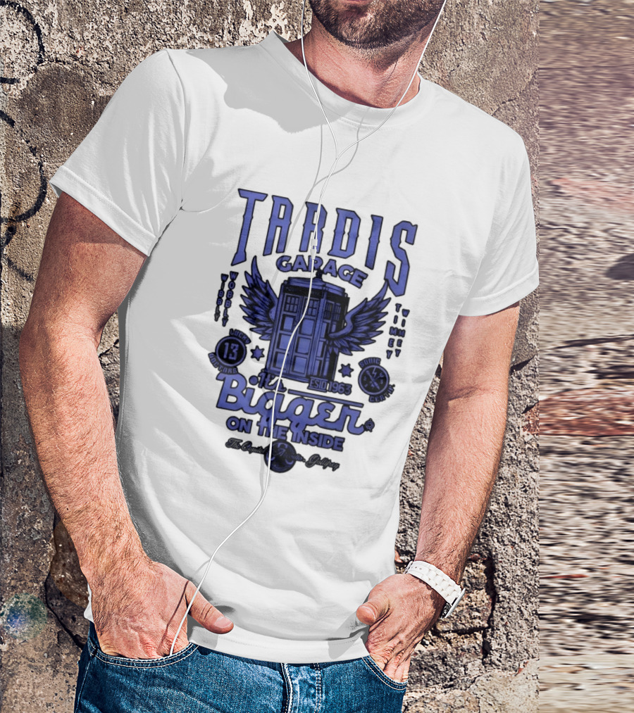Tardis Garage It's Bigger On The Inside Lucky 13 Doctors Wibbly Wobbly Timely Wimey Sonic Crafted Estd 1963 T-Shirt