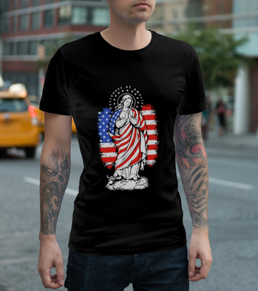 Blessed Virgin Mary Patroness Of The USA With American Flag Colors Catholic T-Shirt