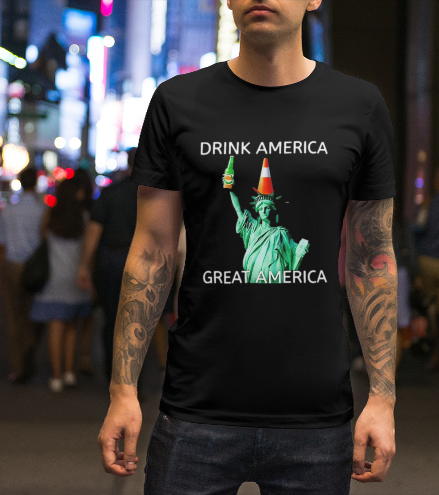 Statue Of Liberty Drink America Great America Traffic Cone Beer Bottle T-Shirt