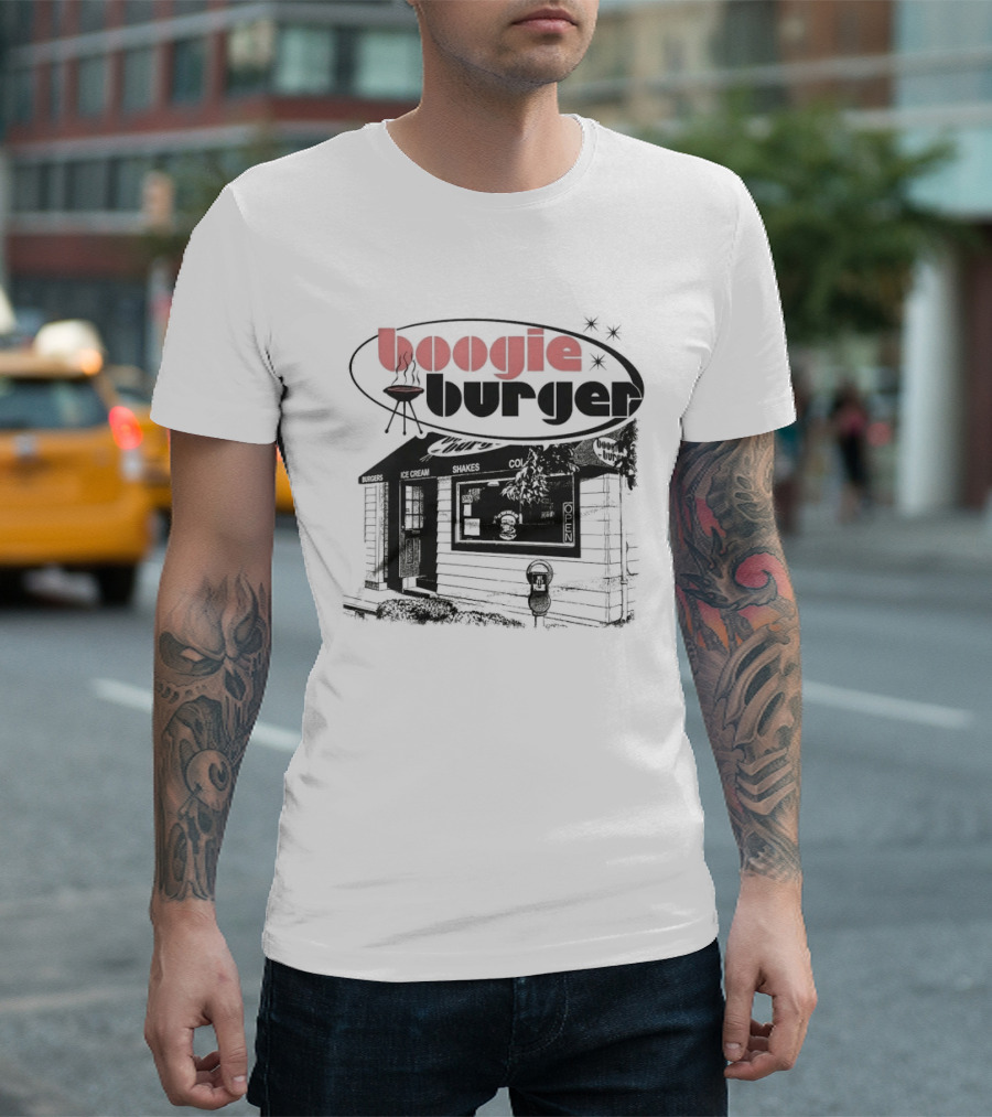 Boogie Burger BBQ Rustic Cabin Scene T-Shirt