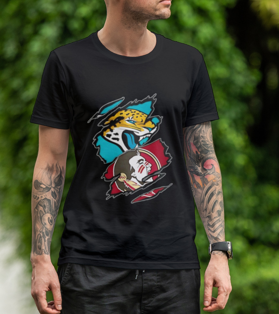 Jacksonville Jaguars Florida State Seminoles Two Teams One Heart Scratch T-Shirt