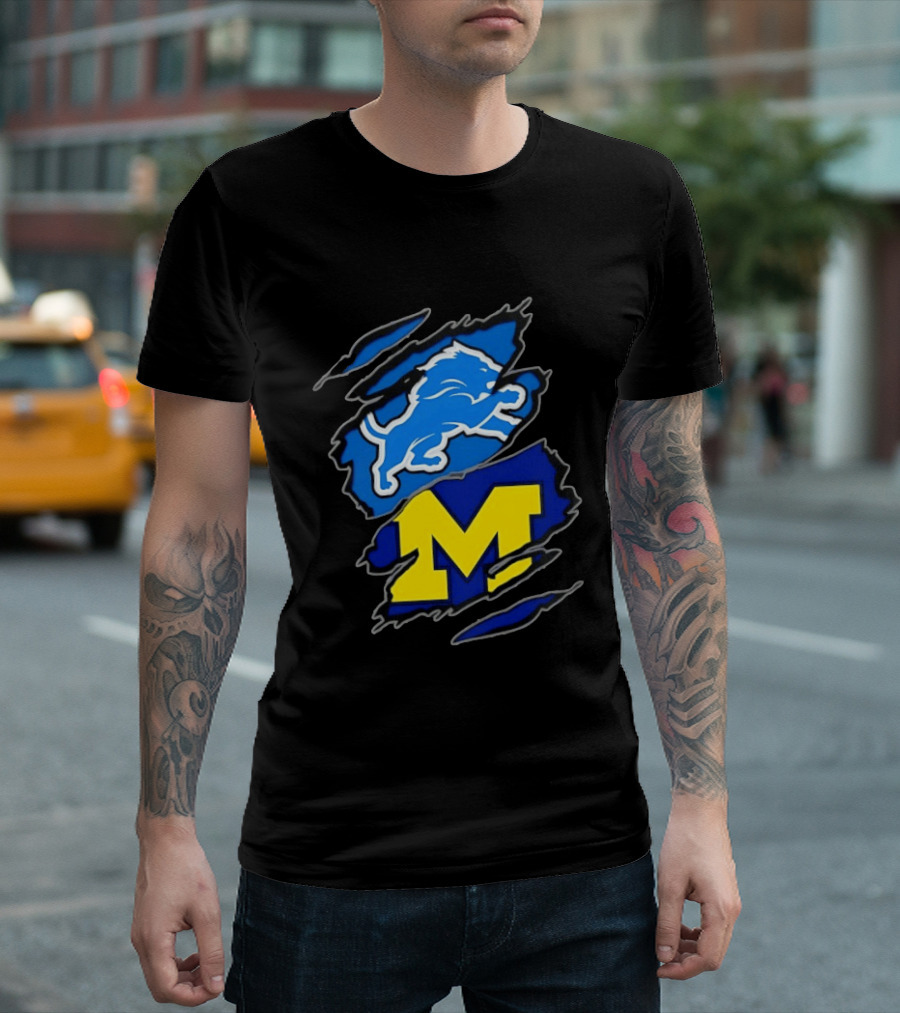 Detroit Lions Michigan Wolverines Two Teams One Heart Scratch T-Shirt
