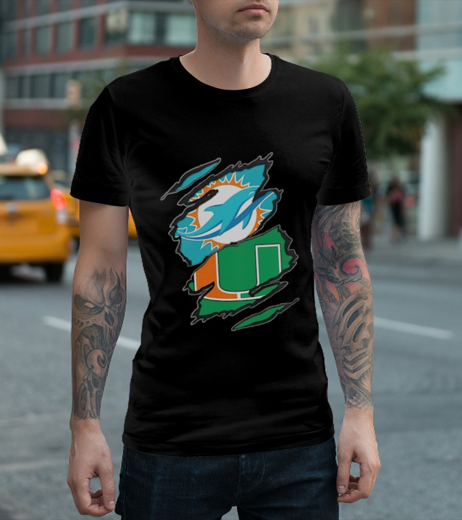 Miami Dolphins And Miami Hurricanes Two Teams One Heart Scratch T-Shirt