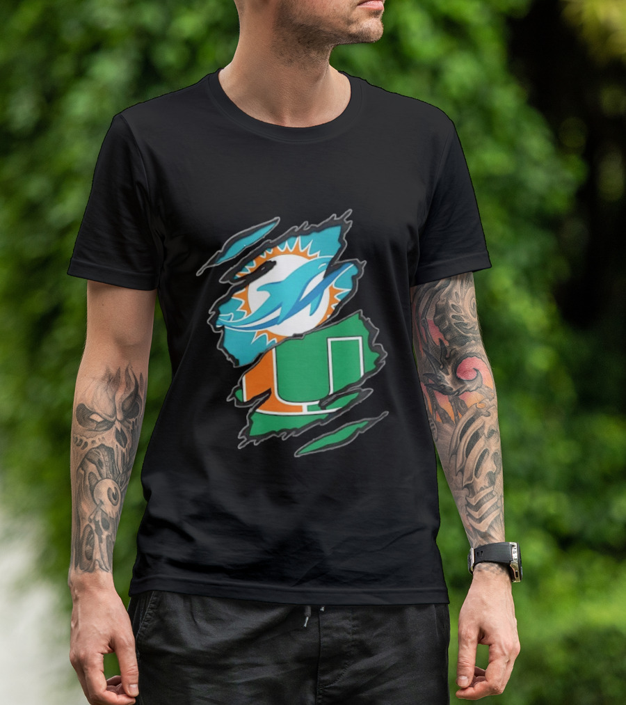 Miami Dolphins And Miami Hurricanes Two Teams One Heart Scratch T-Shirt