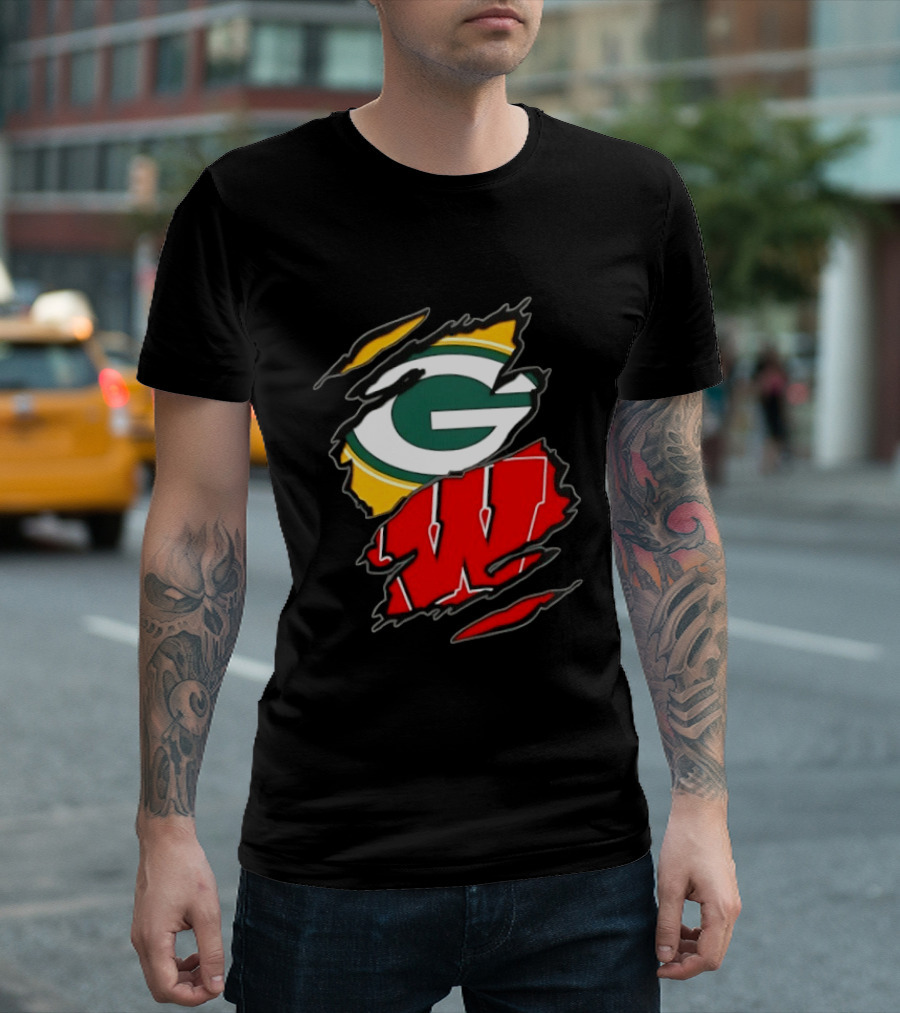 Green Bay Packers Wisconsin Badgers Two Teams One Heart Scratch T-Shirt
