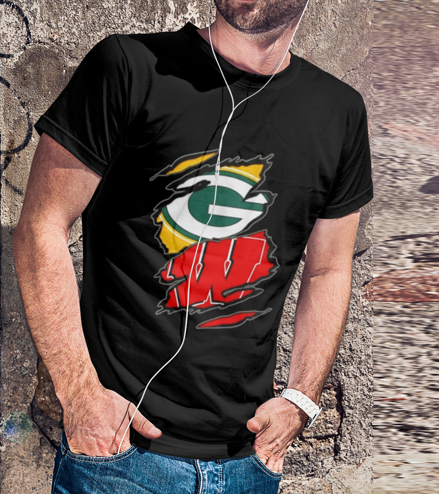 Green Bay Packers Wisconsin Badgers Two Teams One Heart Scratch T-Shirt
