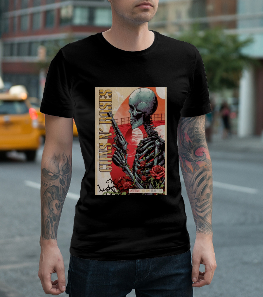 Guns N' Roses Amsterdam 18 June 2026 Ziggo Dome Skeleton With Gun And Roses T-Shirt