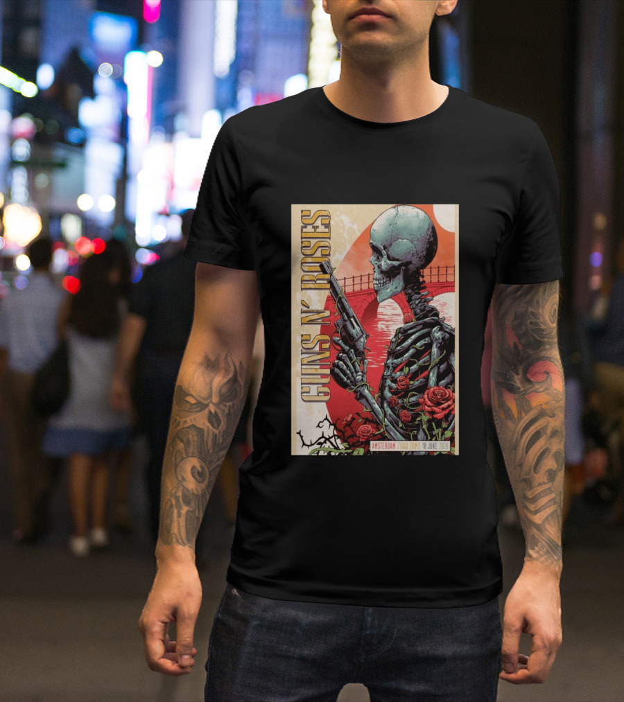 Guns N' Roses Amsterdam 18 June 2026 Ziggo Dome Skeleton With Gun And Roses T-Shirt