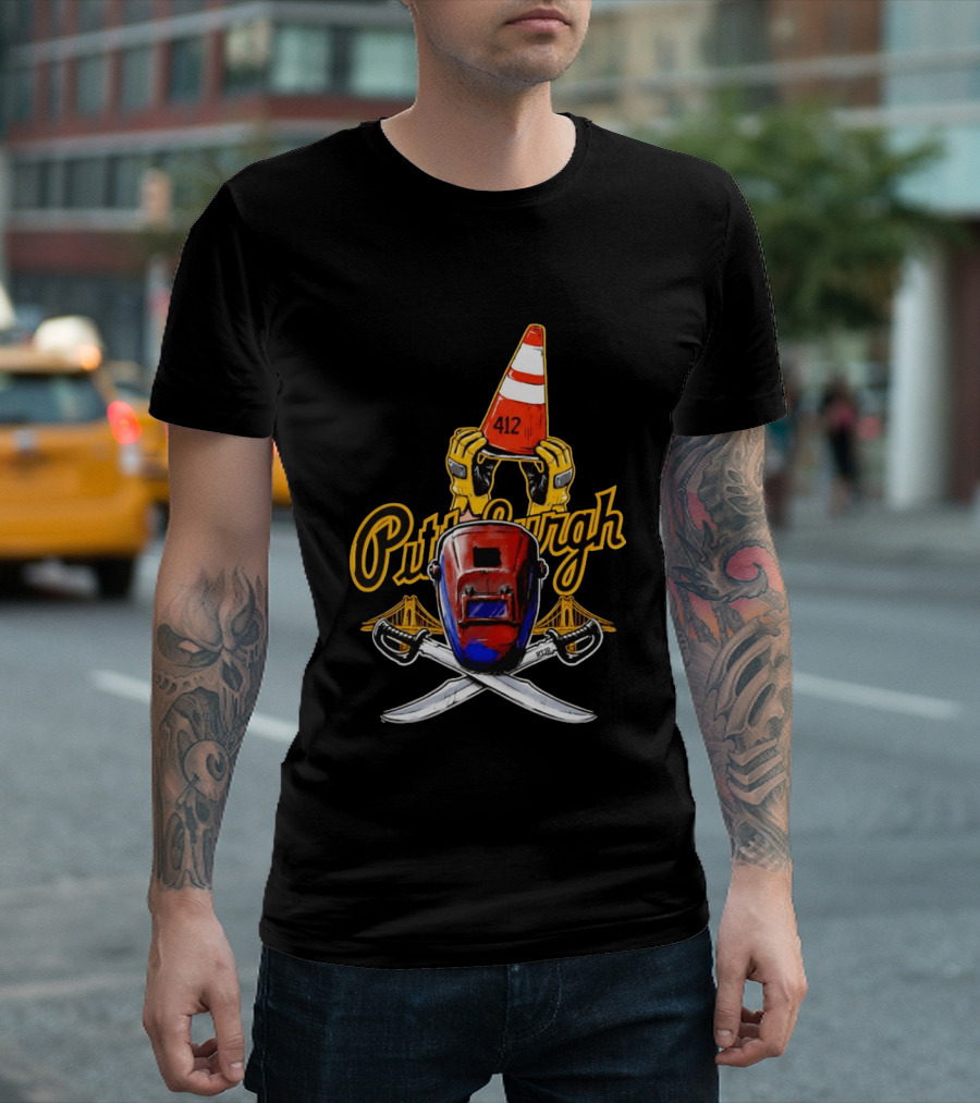 Pittsburgh 412 Welding Mask Construction Cone Crossed Swords Yellow Bridge T-Shirt