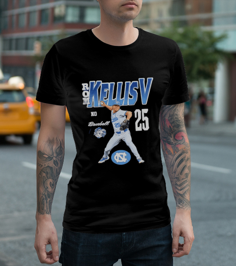 Rom Kellis V North Carolina Baseball No 25 Player UNC Tar Heels T-Shirt