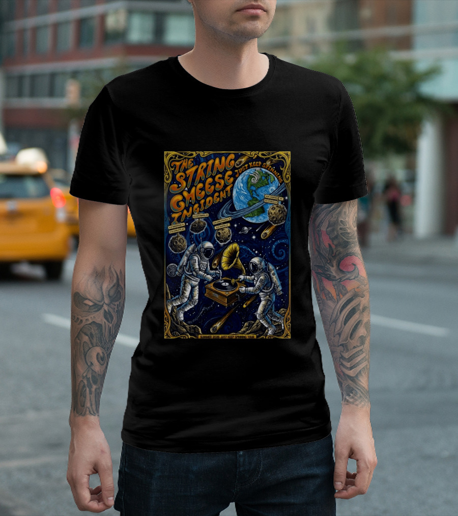 The String Cheese Incident Summer 2026 Just Keep Spinning Tour Astronauts Vinyl Planet T-Shirt