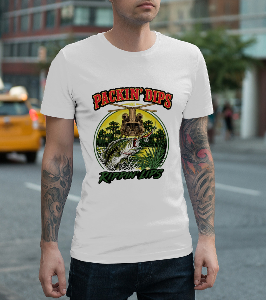 Packin' Dips And Rippin' Lips Fishing Helicopter Adventure T-Shirt