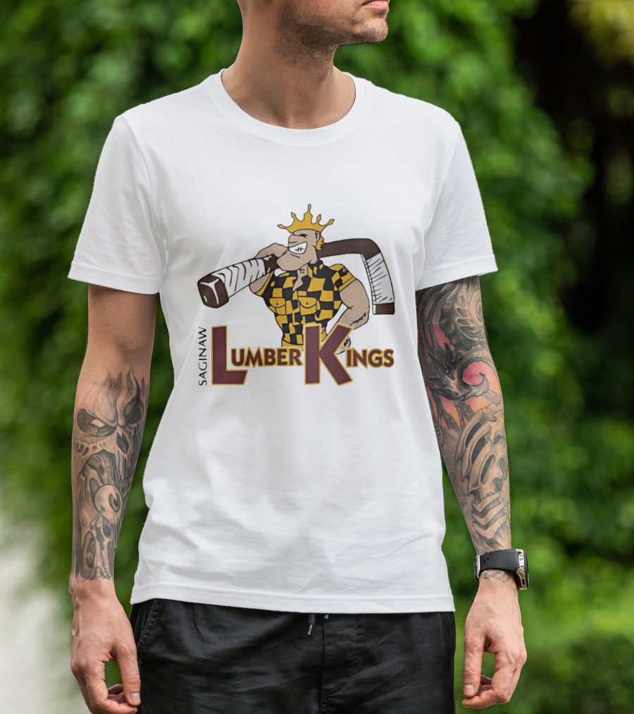 Saginaw Lumber Kings Hockey Team Logo Player With Crown And Hockey Stick T-Shirt