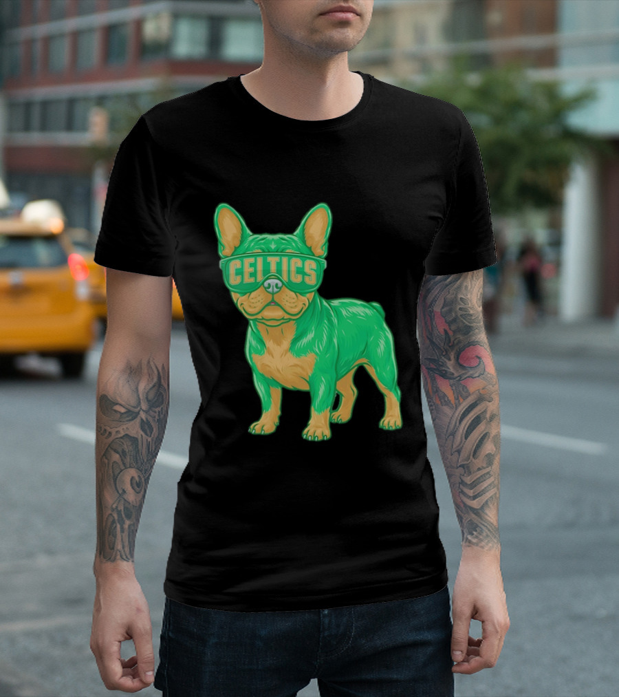 Boston Celtics French Bulldog Wearing Celtics Glasses T-Shirt