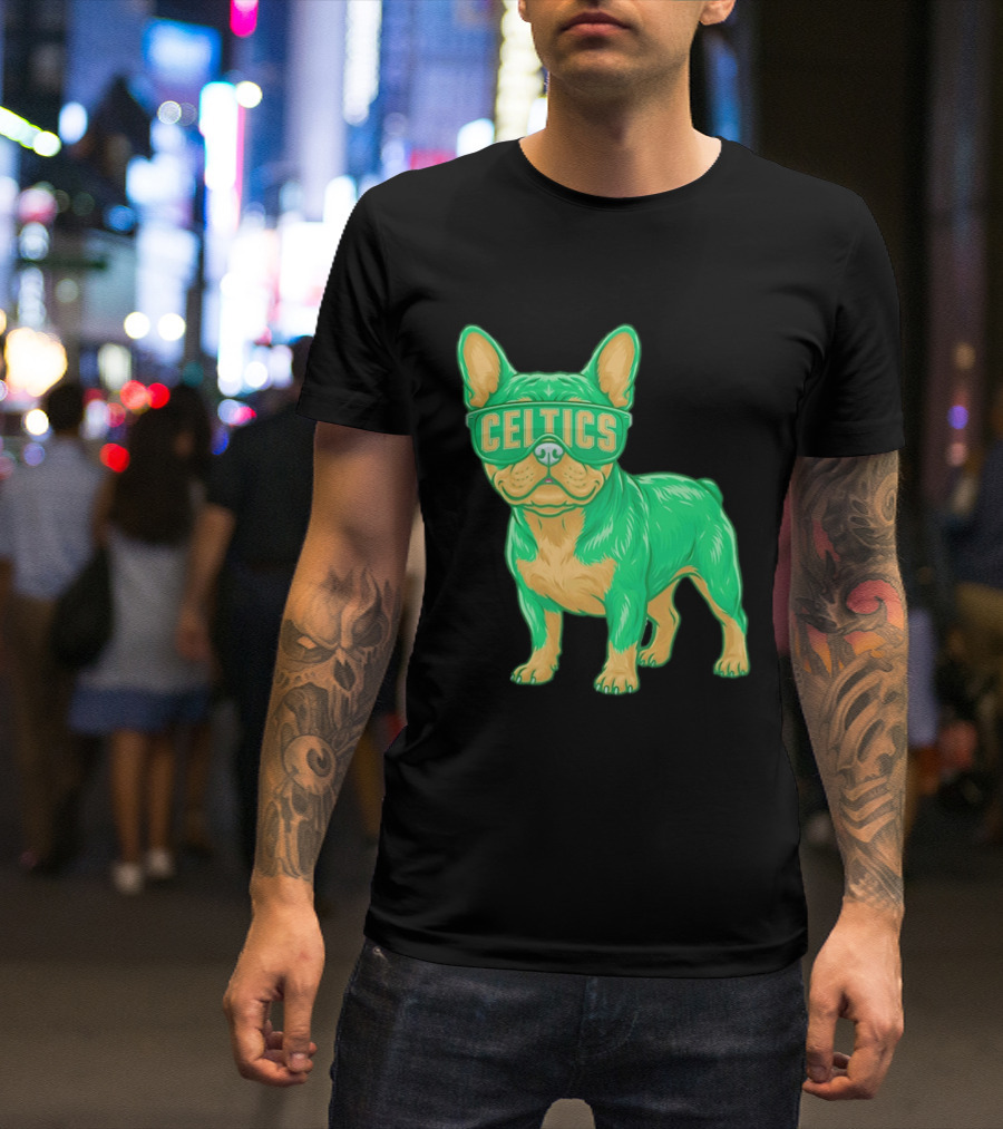 Boston Celtics French Bulldog Wearing Celtics Glasses T-Shirt