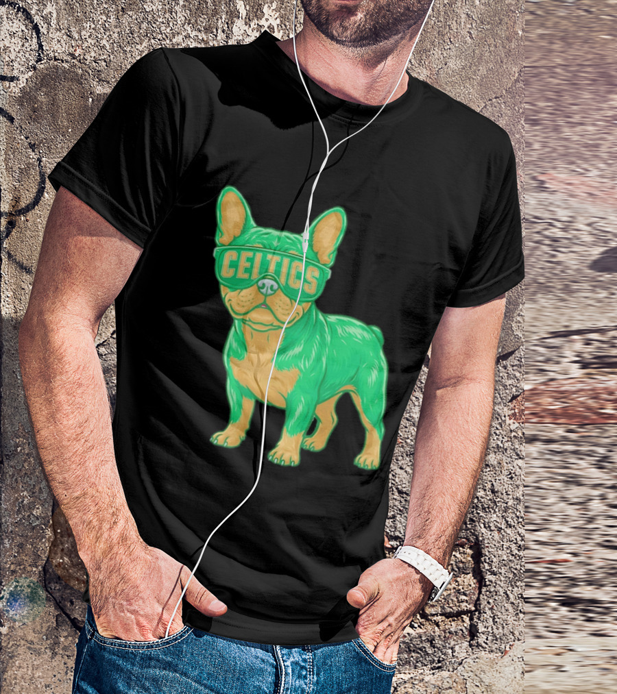 Boston Celtics French Bulldog Wearing Celtics Glasses T-Shirt