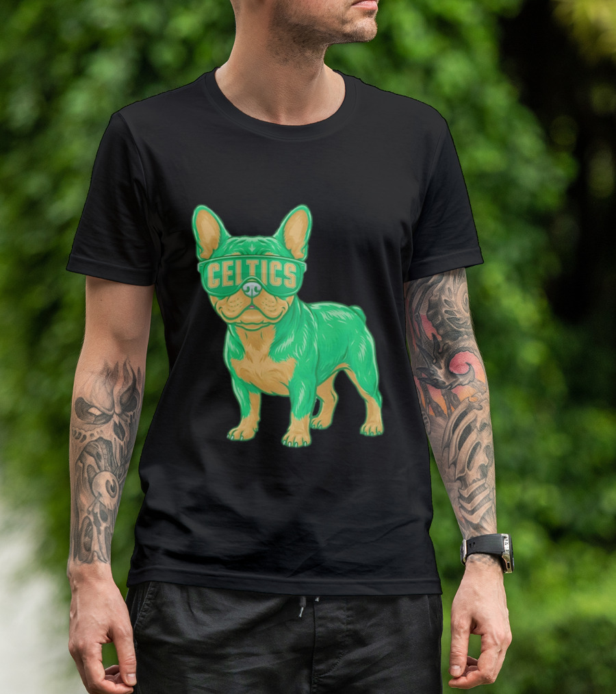 Boston Celtics French Bulldog Wearing Celtics Glasses T-Shirt