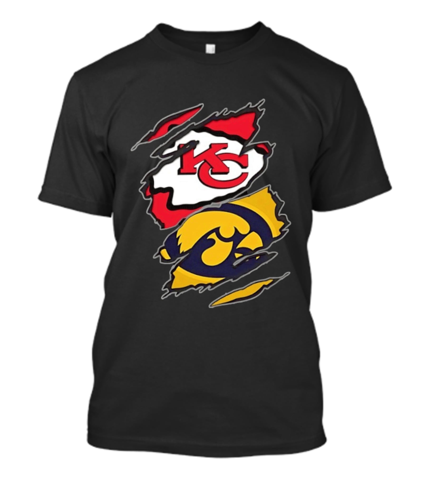 Kansas City Chiefs And Iowa Hawkeyes Two Teams One Heart Scratch KC Logo Iowa T-Shirt