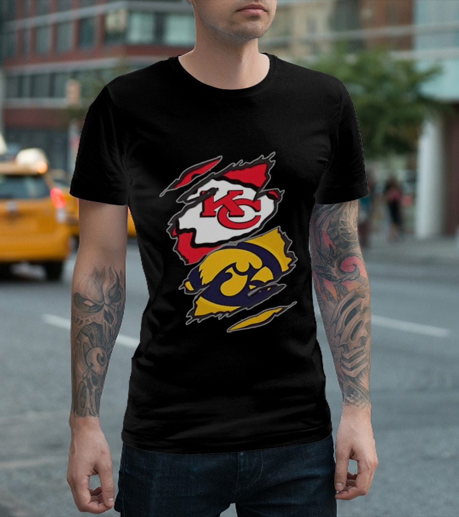 Kansas City Chiefs And Iowa Hawkeyes Two Teams One Heart Scratch KC Logo Iowa T-Shirt