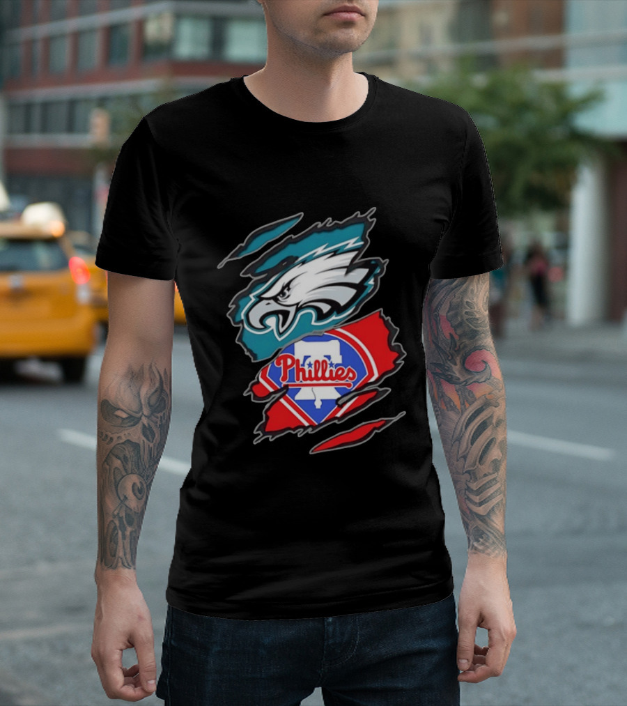 Philadelphia Eagles And Philadelphia Phillies Two Teams One Heart Scratch Logo Fusion T-Shirt