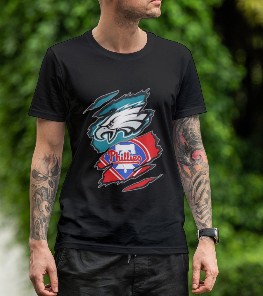 Philadelphia Eagles And Philadelphia Phillies Two Teams One Heart Scratch Logo Fusion T-Shirt