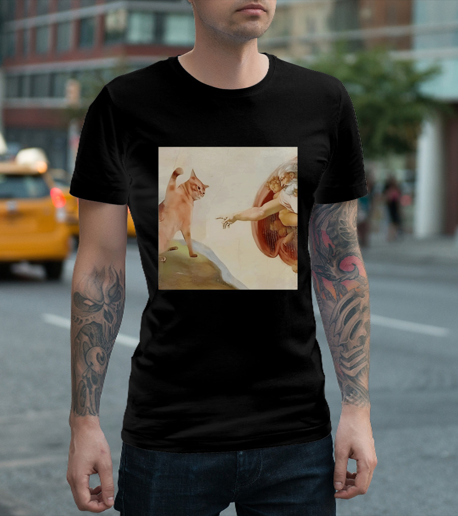 Floppa Meets Creation In Iconic God Touching Fingers Scene T-Shirt